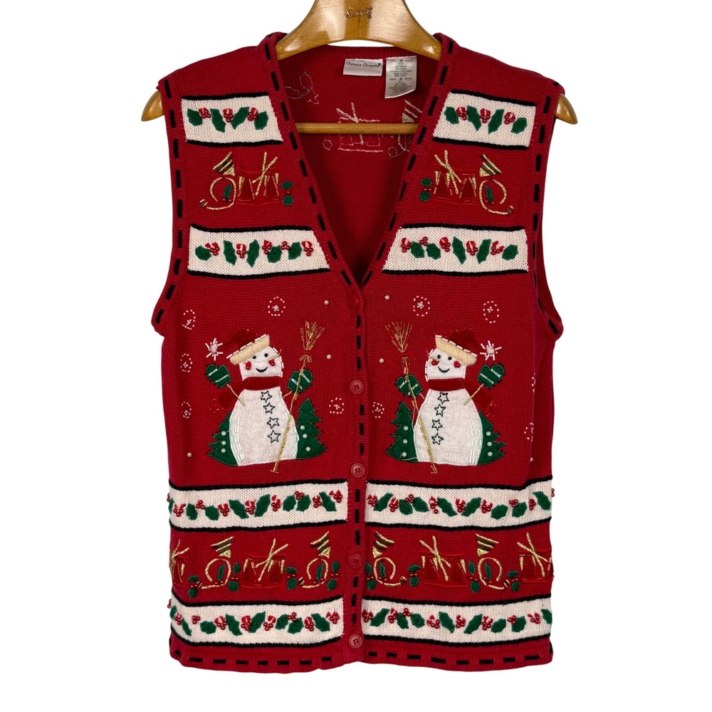 Bobbie Brooks Christmas Sweater Vest Snowman Beaded Red Medium Vintage Style